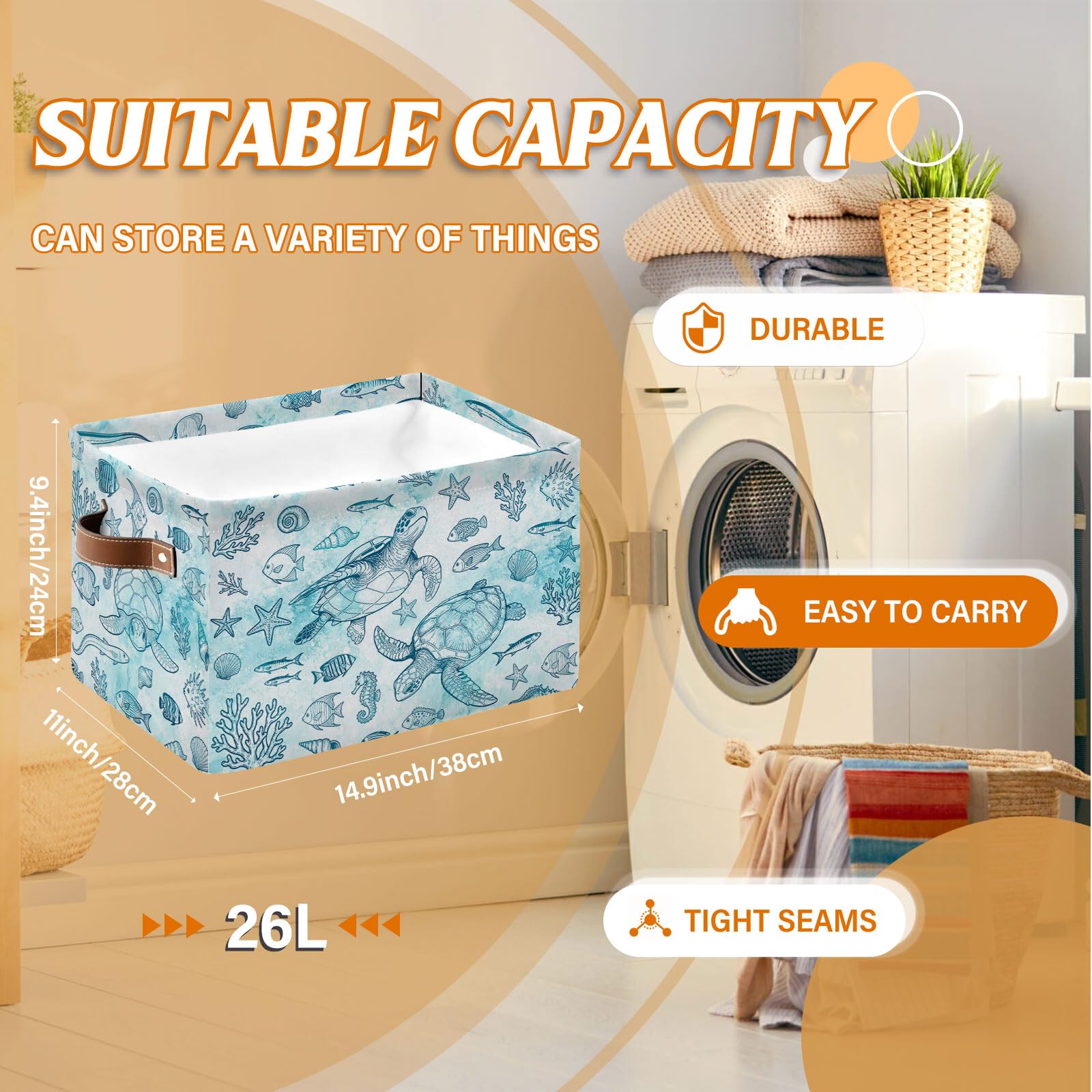 REETOOK Rectangle Ocean Sea Turtle Storage Basket, Storage Box Bin with Handles for Toy, Collapsible Laundry Hamper, Laundry Organizer for Room Nursery, Gifts for Chritsmas Thanksgiving 14.9x11x9.4