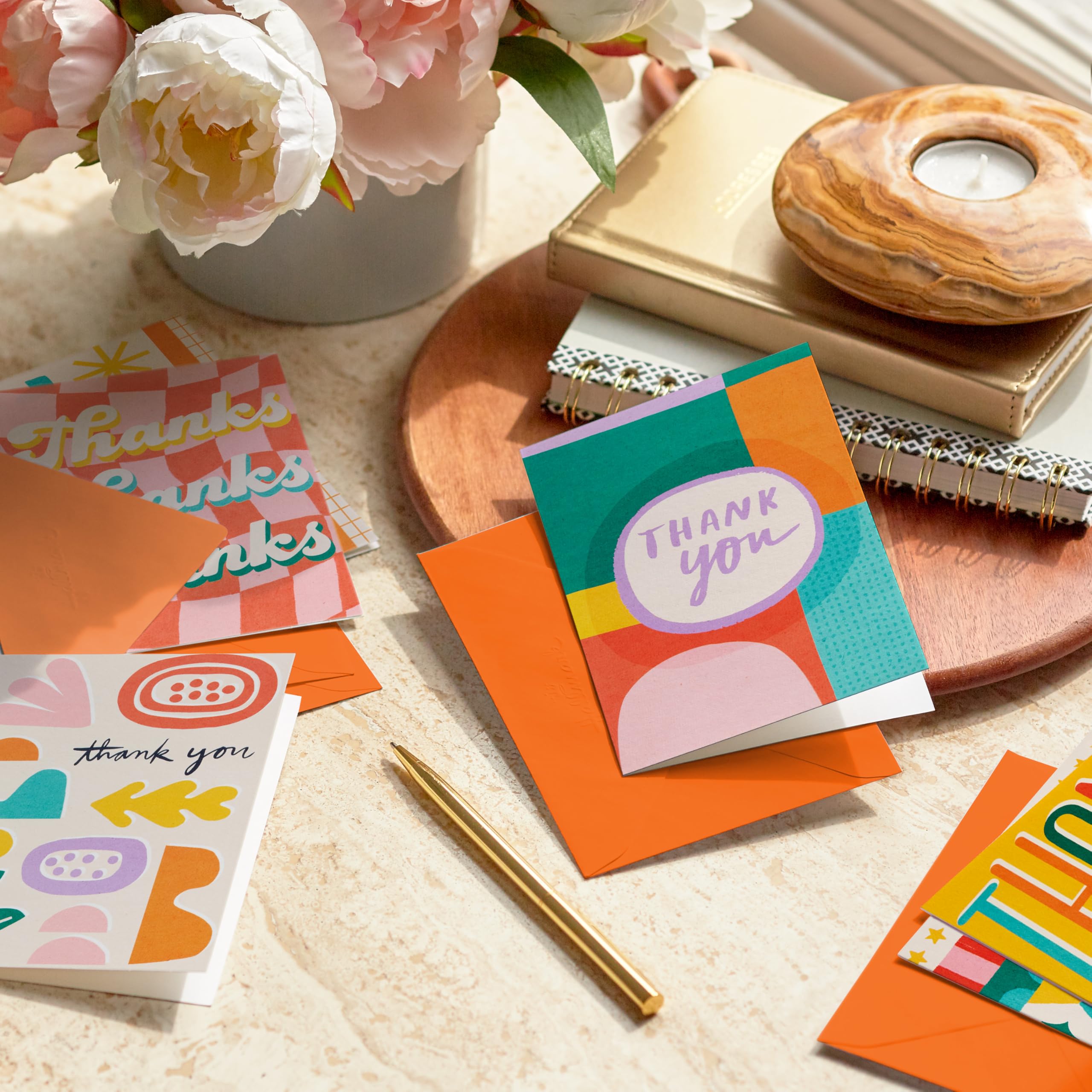 Hallmark Retro Thank You Card Assortment (24 Blank Cards with Envelopes) Orange, Yellow, Green, Pink