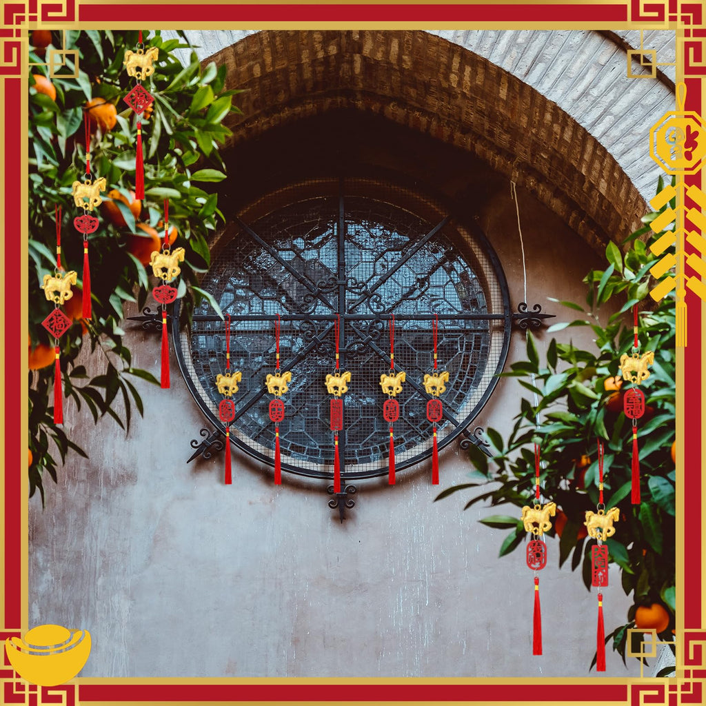 Geosar 12 Pcs Chinese New Year Decorations 2026 Year of The Horse Lucky Charm Lunar Red Hanging Ornaments Feng Shui Tassel Knot Wealth Good Luck for Home, Office, Car, Trees Decor(Horse Style)