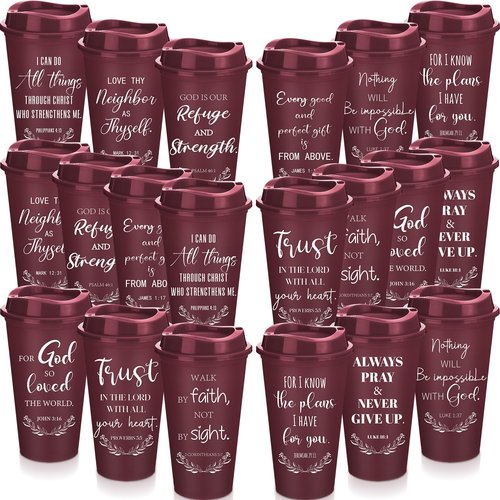 Skylety 40 Pack Easter Christian Gifts for Men Women 16oz Reusable Bible Verse Tumbler Bulk Plastic Coffee Cup with Lid Inspirational Religious Church Gift for Mother Father Birthday (Burgundy)