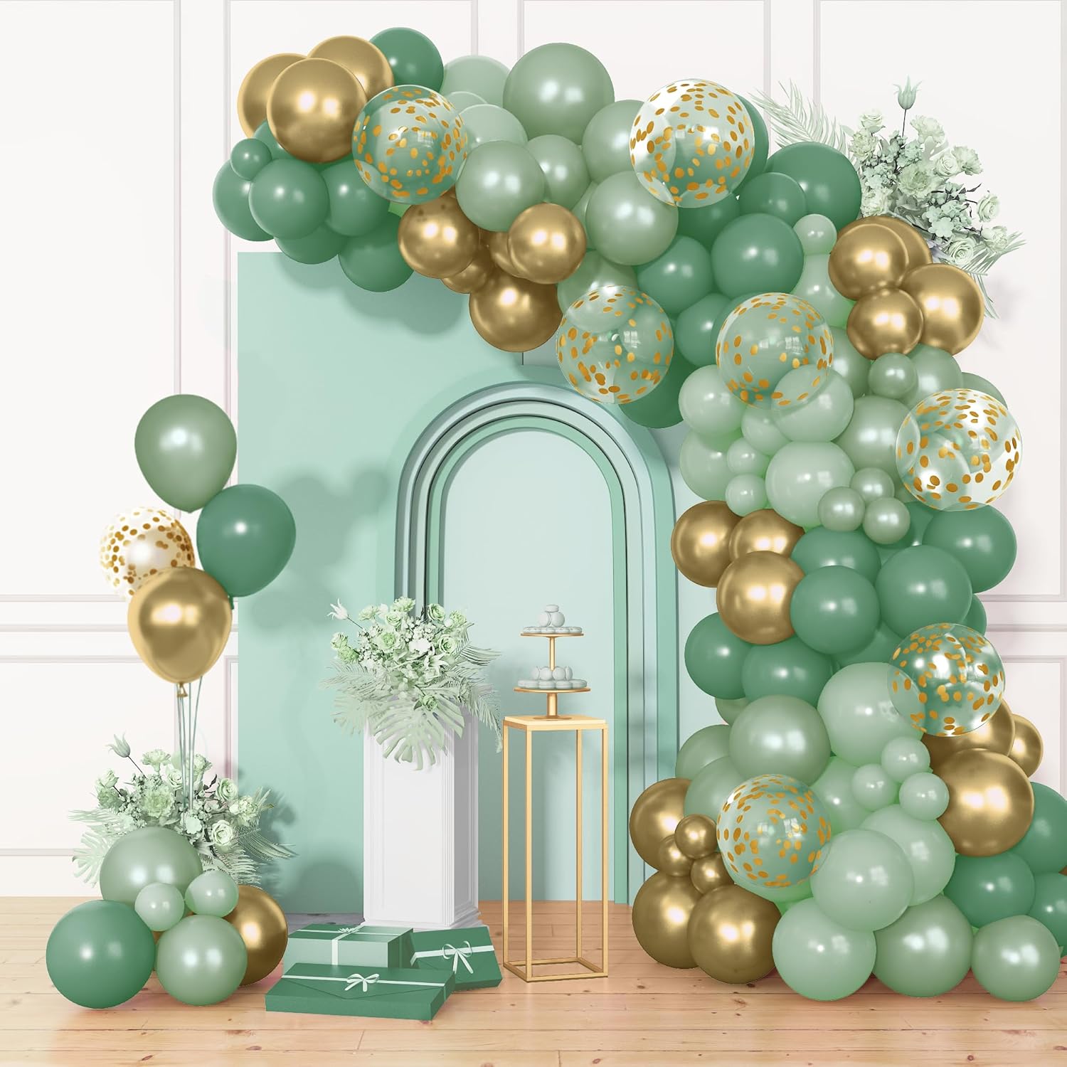 Skiennix 72Pcs Sage Green Balloon Set - 12" Latex Balloons with Pearl Metallic Gold & Olive Confetti for Baby Shower, Birthday, Wedding Decorations