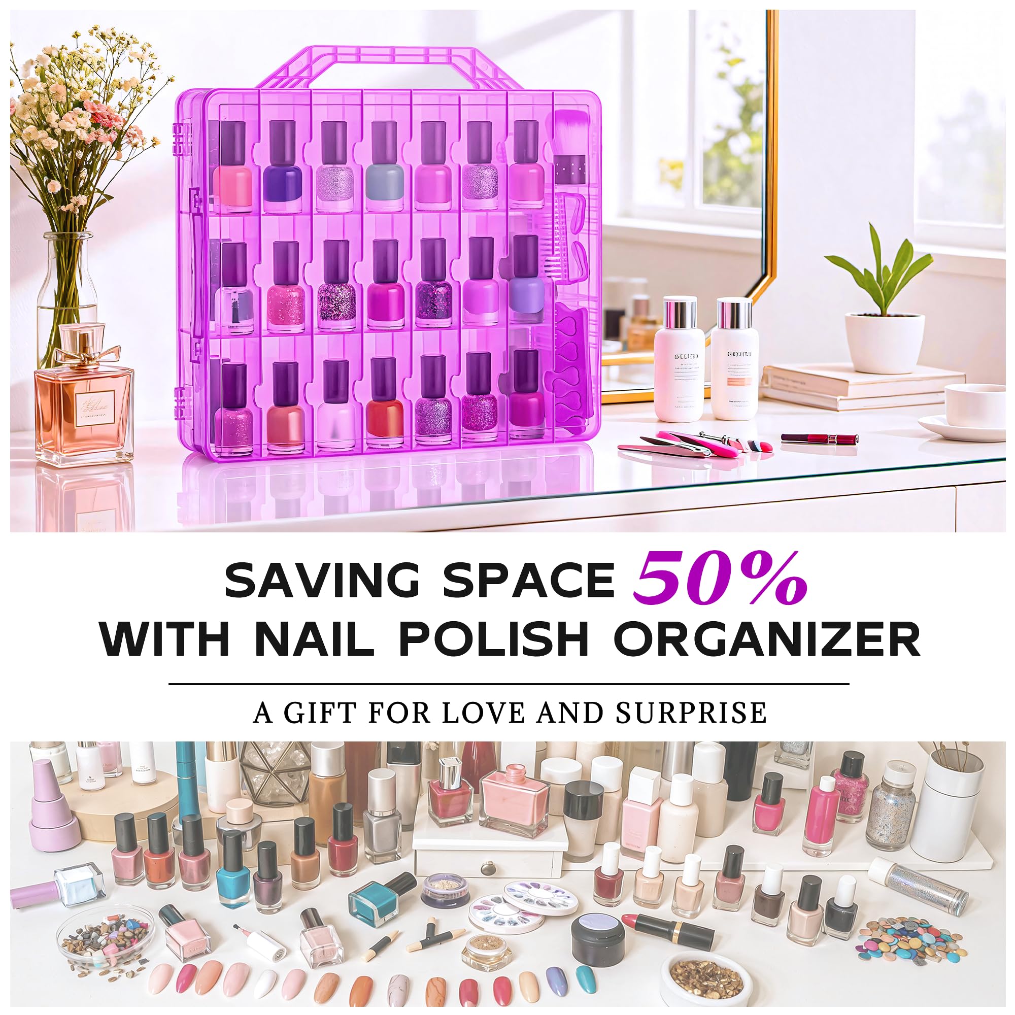DreamGenius Nail Polish Organizer Case for 48 Bottles with 2 Nail Separators, Double Side Gel Nail Polish Holder with Adjustable Dividers, Purple