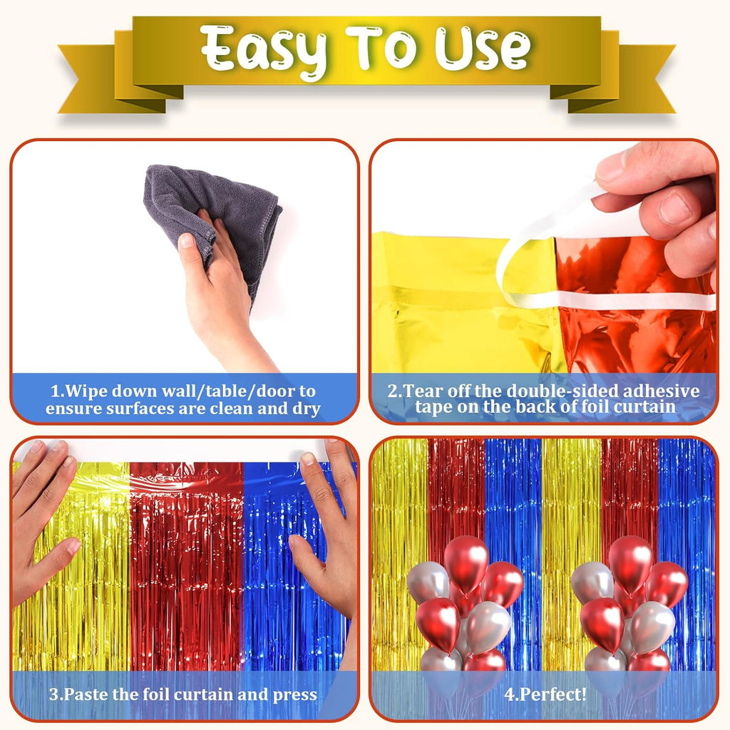 Voircoloria Fringe Backdrop Curtains - 3 Pack Tinsel Streamers in Blue, Red & Gold | 3.3 x 8.2 ft Party Decorations
