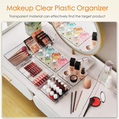 Criusia Drawer Organizer - 10 Pack Large Clear Plastic Trays | Versatile Storage for Makeup, Bathroom & Kitchen
