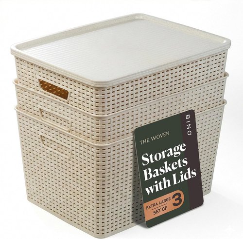 BINO Plastic Storage Baskets with Lids - 33 Liter | 3 Pack Natural | Woven Organizing Bins for Shelves