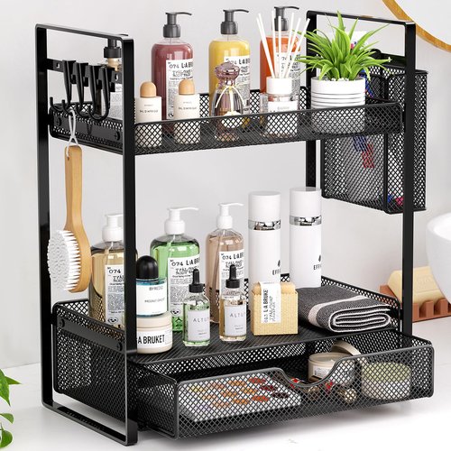 VITVITI 2 Tier Bathroom Organizer Countertop with Drawer, Metal Mesh Bathroom Counter Vanity Organizer Storage, Bath Room Sink Kitchen Spice Rack with Basket Hooks, Black