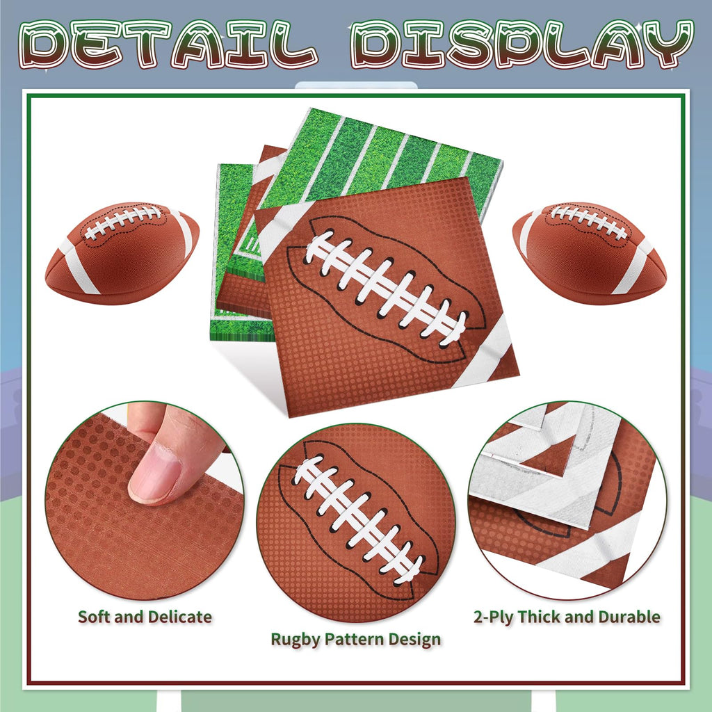 80 Count Football Paper Napkins - 2 Pattern 13 x 13 Inches Disposable Beverage Cocktail Napkins with Sports Ball and Field Designs for Tailgate Parties, Birthdays, and Sports Events