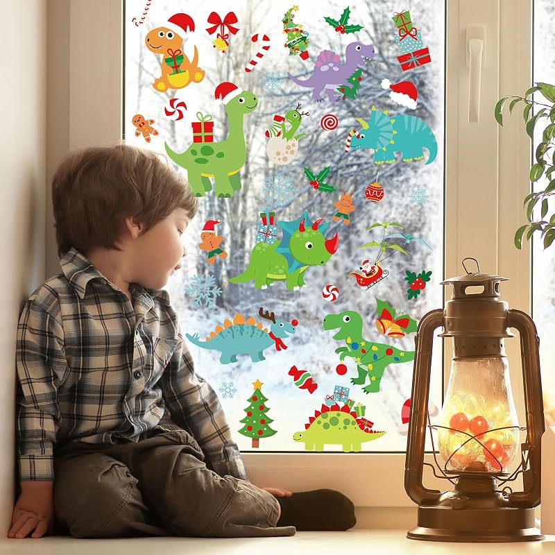 Christmas Window Clings Set - 9 Sheets Dino & Snowflake Reusable Window Decals