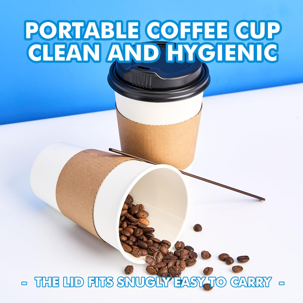 RACETOP 16 oz 100 Pack Disposable Paper Coffee Cups with Lids, Sleeves and Stirrers, Hot Cups, Paper Cups with Lids, Sleeves and Stirrers, Ideal for Home/Office
