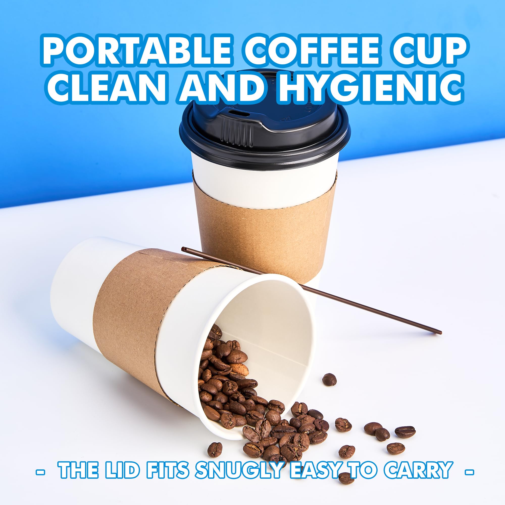 RACETOP 16 oz 100 Pack Disposable Paper Coffee Cups with Lids, Sleeves and Stirrers, Hot Cups, Paper Cups with Lids, Sleeves and Stirrers, Ideal for Home/Office