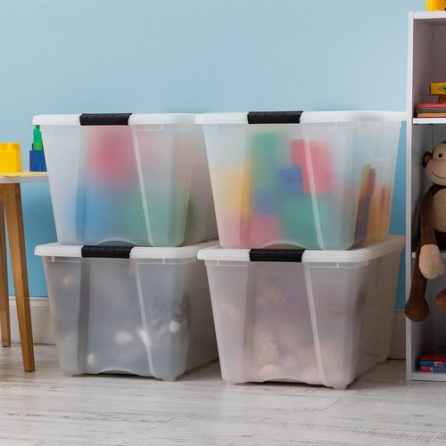 IRIS USA 54 QT Plastic Storage Box - BPA-Free, Durable Nestable Containers with Lids - 4 Pack, Pearl