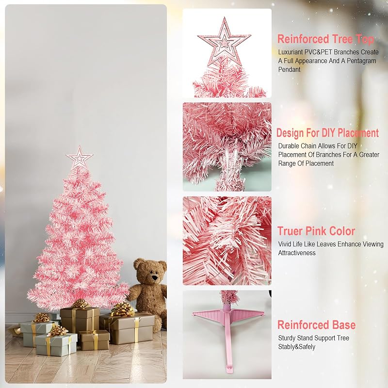3ft Pink Premium Hinged Artificial Christmas Tree - Tabletop Holiday Decoration with Foldable Base