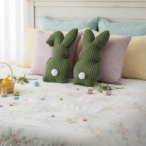 Fiwochic 2 Pcs Easter Bunny Shaped Pillow Cute Decorative Rabbit Throw Pillow Bunny Stuffed Soft Corduroy Striped Textured Cushion Case for Spring Easter Party Couch Sofa Home Decor, Olive Green