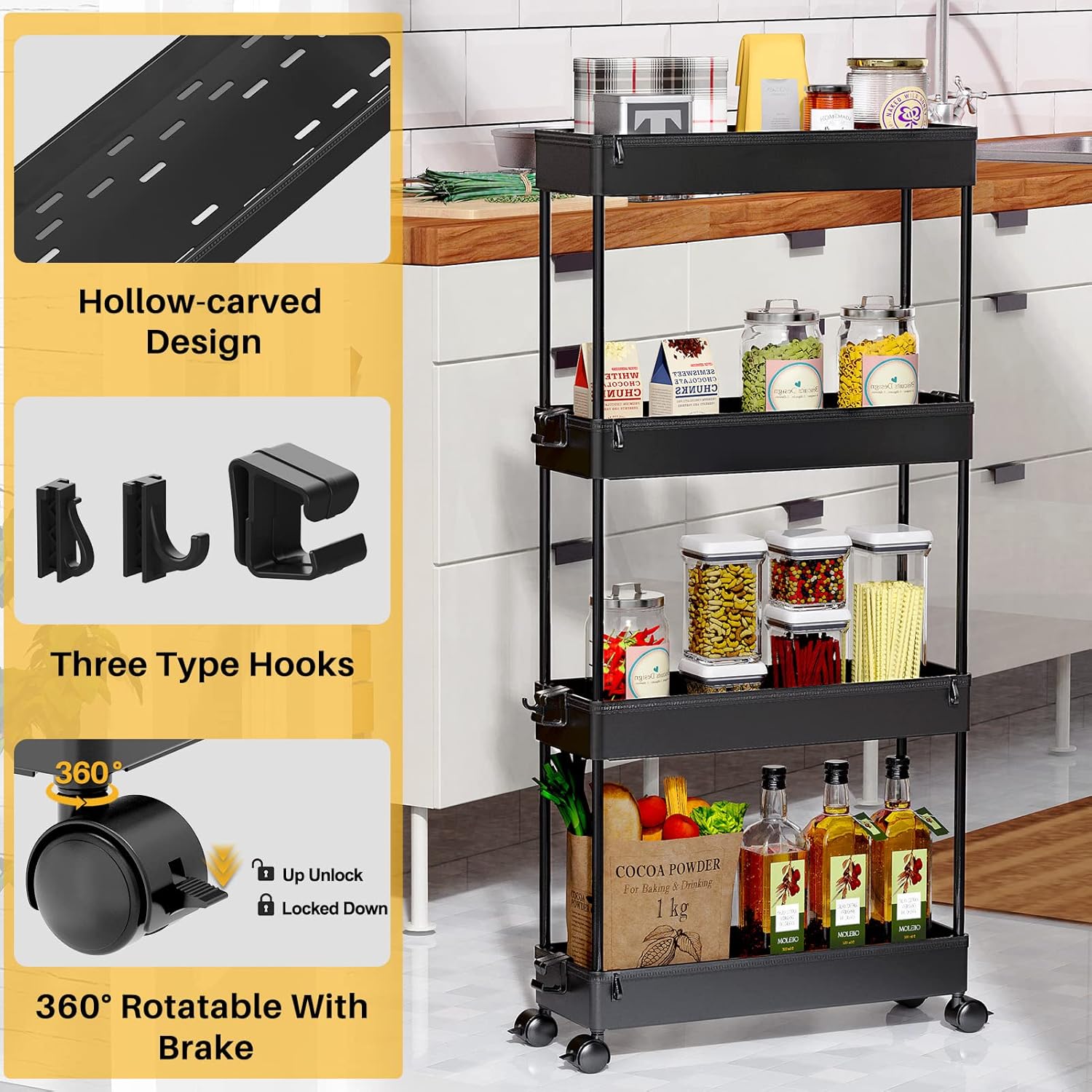 SPACEKEEPER Slim Rolling Storage Cart - 4-Tier Mobile Organizer for Bathroom, Kitchen & Laundry - Black