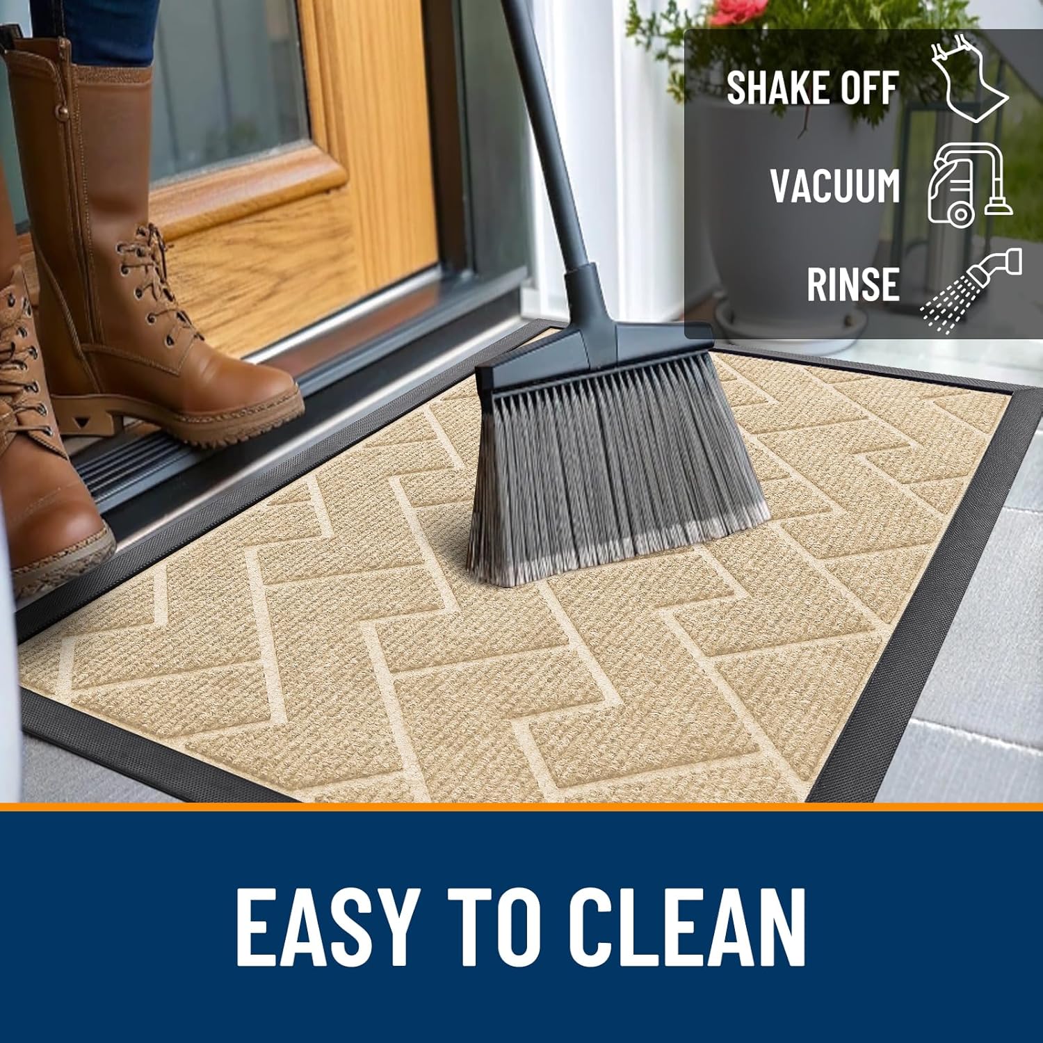 OLANLY Waterproof Front Door Mat - All-Season Herringbone Design | Sturdy Natural Rubber, Easy Clean (Beige, 71x23)