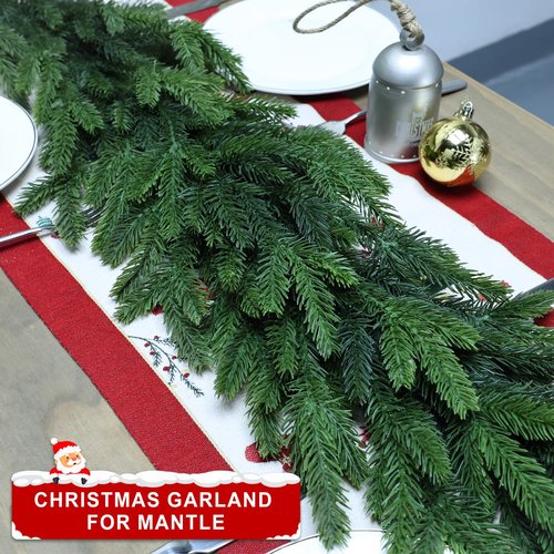 6Ft Christmas Garland Realistic Fuller,Natural Droopy,Lifelike Xmas Green Pine Cedar Mantle Garland for Table Mantle Wall Yard Fireplace Staircase, Garlands for Decoration Christmas Indoor Outdoor