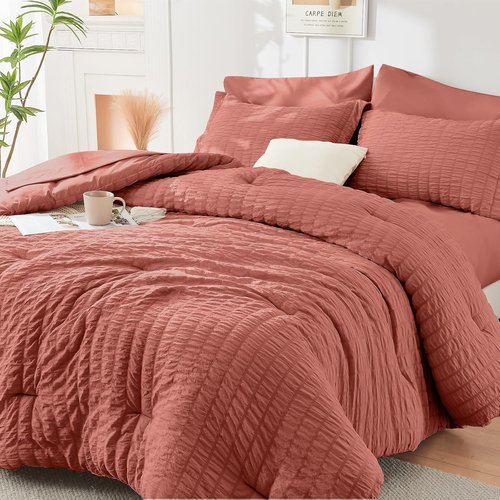 HYMOKEGE Twin Comforter Set - Luxury Seersucker 5-Piece Bedding Set | All-Season Comforter, Sheets & Pillowcase