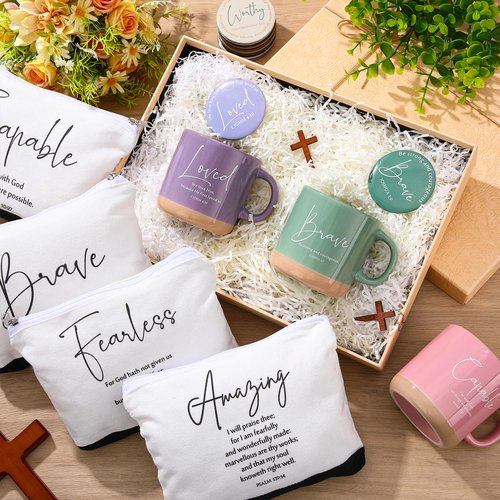 36 Pcs Inspirational Christian Gift Bulk for Women 13 oz Ceramics Bible Verse Coffee Mugs Religious Makeup Bags Compact Mirrors Party Favors for Female Friend Mom Wife Employee Appreciation(Colorful)