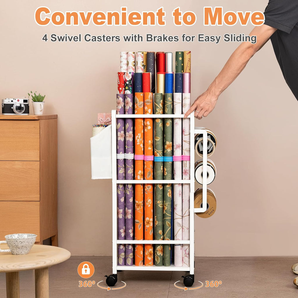 Aquzee Gift Wrapping Paper Organizer - Vertical Storage Cart with Adjustable Rod & Ribbon Holders | 12 PCS Slap Bracelets, White