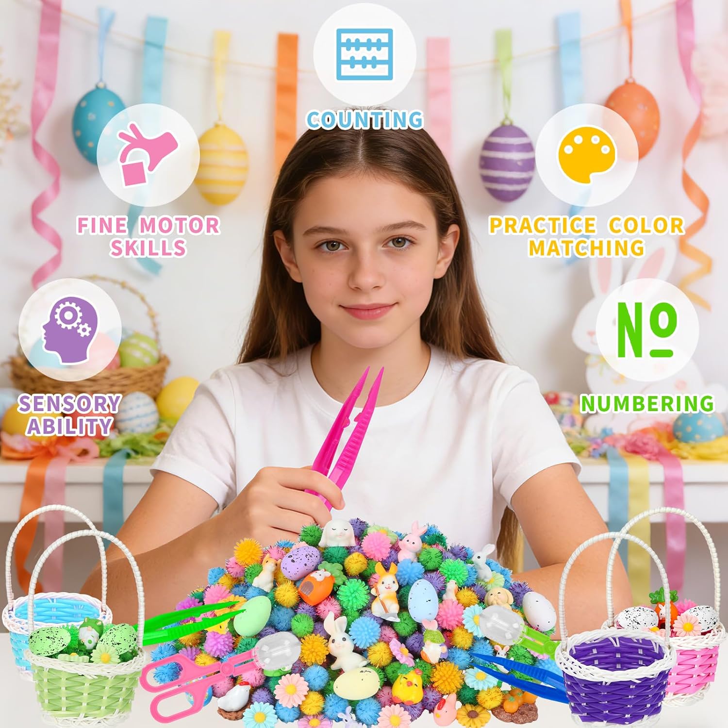 Spring Sensory Bin Filler by Easter | 287 Pcs with Eggs, Bunnies, Felt Flowers & Pom Poms