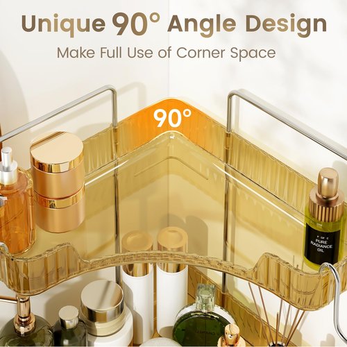 Kinkota Golden 3-Tier Corner Bathroom Organizer, Countertop Storage Shelf with Hooks | Makeup & Skincare Organizer for Bathroom Sink and Vanity Counter
