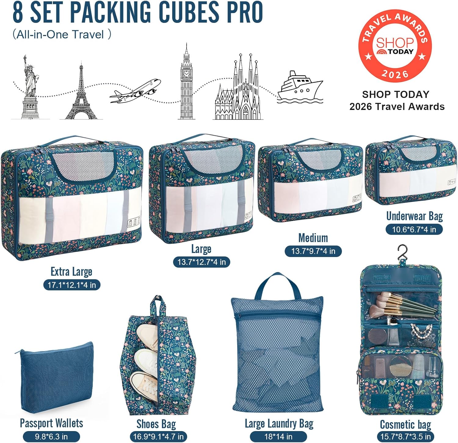 Veken Packing Cubes - Travel Organizer Set with Laundry Bag & Passport Holder | 4 Sizes for Easy Packing