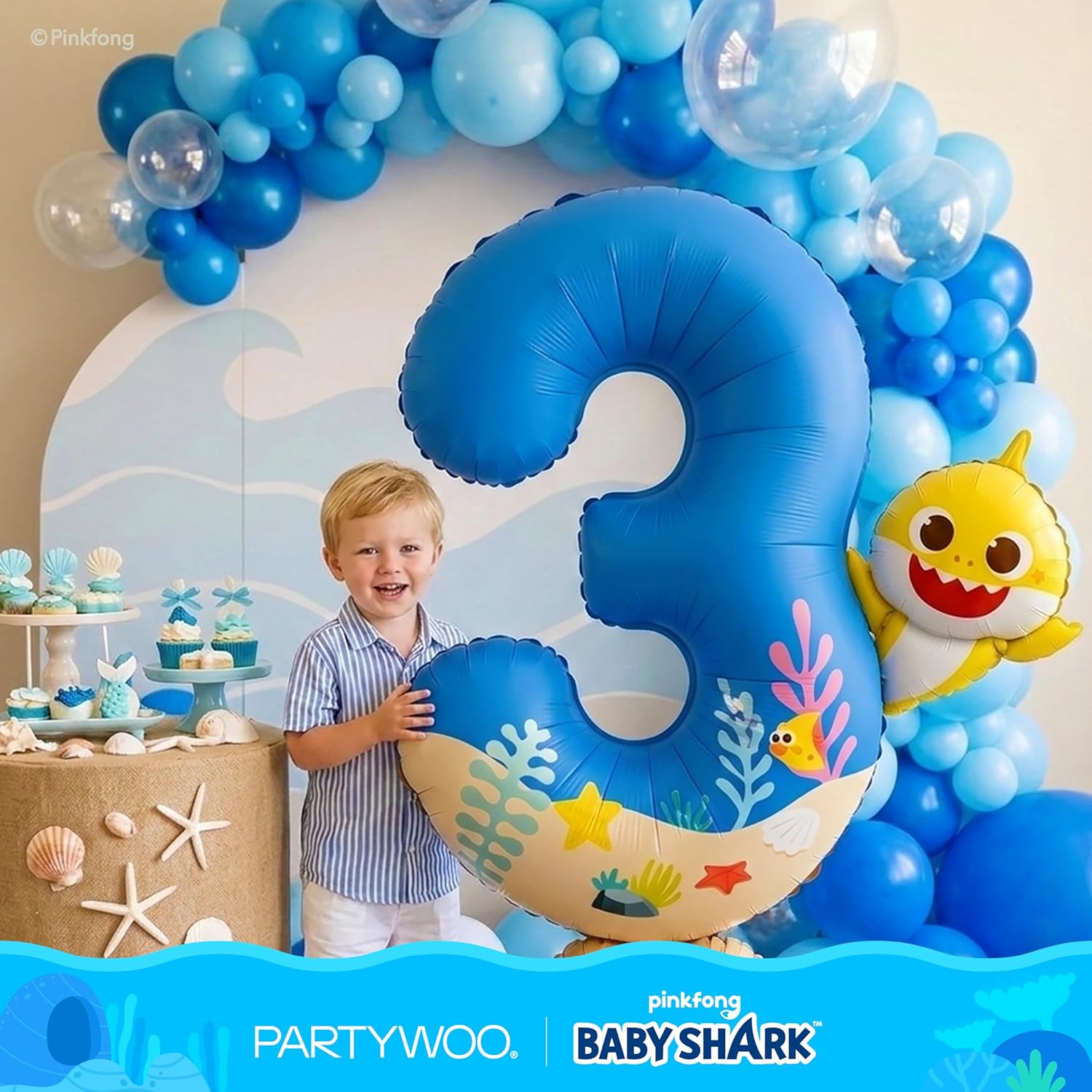 Baby Shark | PartyWoo 40-Inch Blue Foil Number 3 Balloon - Mylar Helium Birthday Decoration for Kids