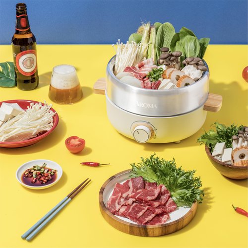 Aroma Housewares AMC-130 Whatever Pot, Indoor Grill, Cooking, Hot Pot with Glass Lid, Bamboo Handles, 2.5L, Stainless Steel/White