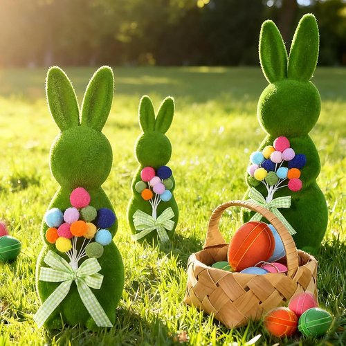 BrilliantJo Moss Bunny Figurines - Cute Spring Decor Gift Set of 3 (15", 13", 10") for Home & Garden