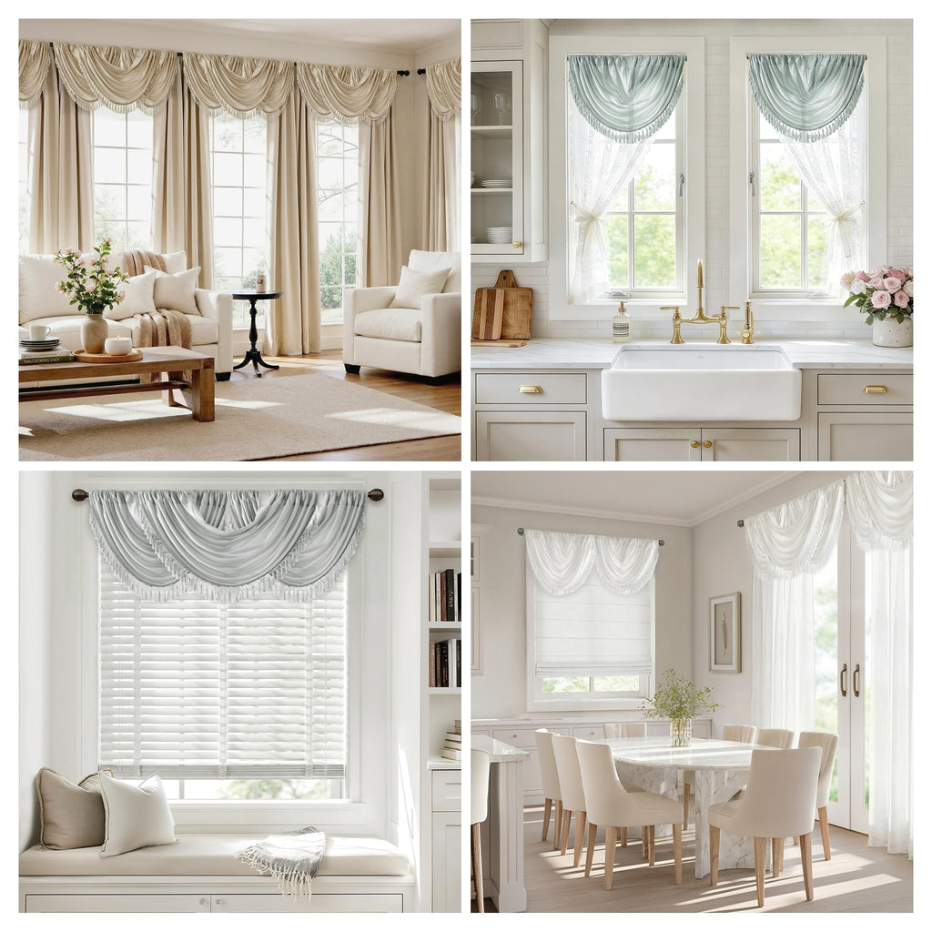 Madison Park Elena Waterfall Embellished Rod Pocket Valance , Faux Silk Valances for Window , 38X46" , Champagne