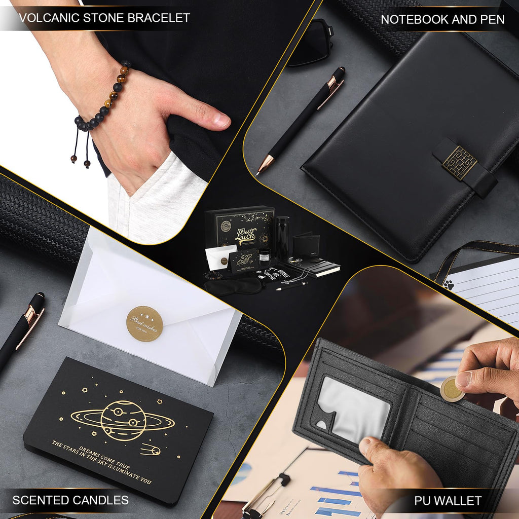Afarnook 13 Pcs Birthdays Gifts Baskets for Men Get Well Gifts Set for Men Father's Day Gift Box Tumbler Wallet Robe Scented Candle Notebook Sock Bracelet for Father Dad Boyfriend Husband(Black)