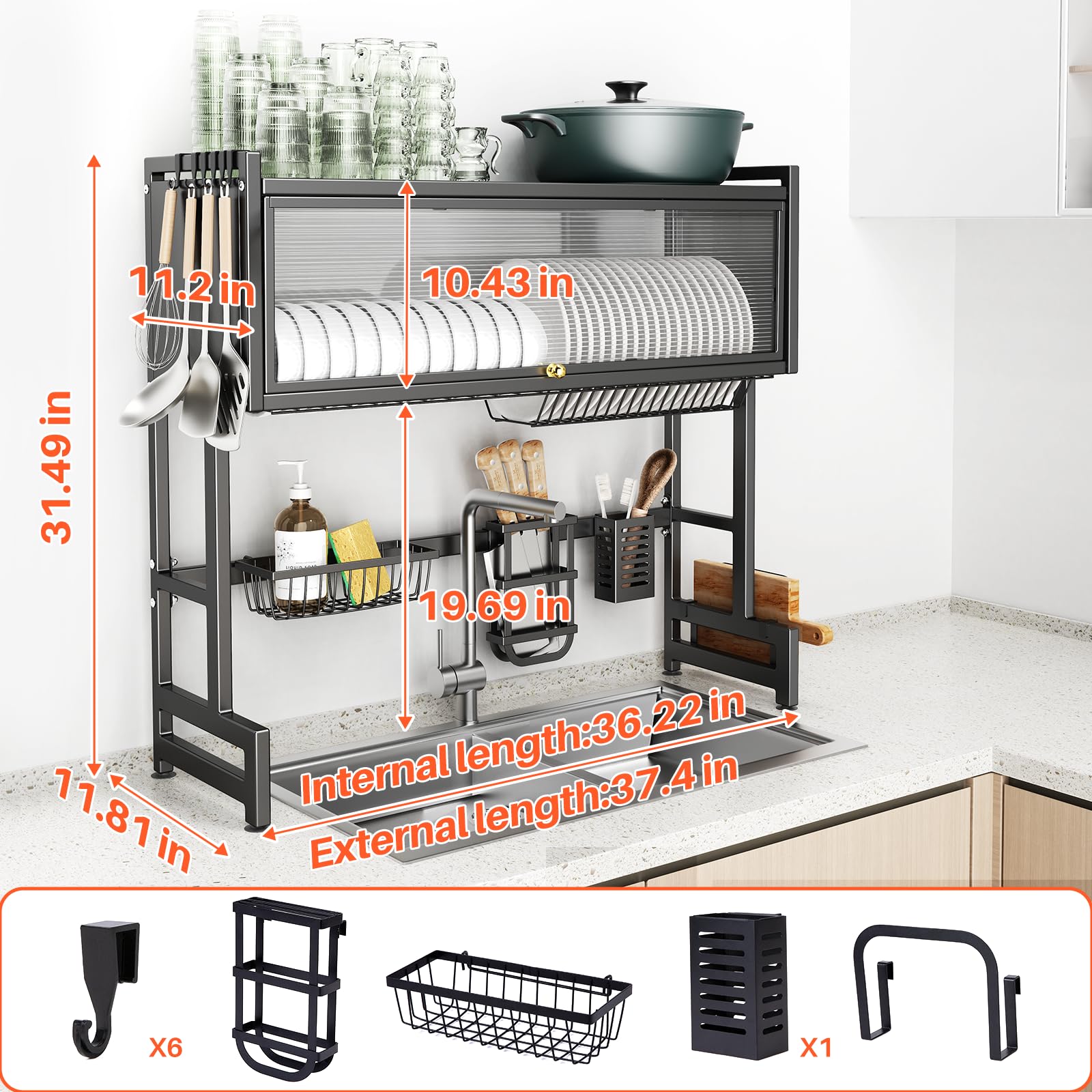 Over The Sink Dish Drainer Drying Rack 3 Tiers with Cover, Keep Kitchen Sink Shlef Organized Space-Saving Dish Drying Rack, Large Stainless Steel Sink Dish Rack for Dishes, Bowls, Cutlery (37.4"w)
