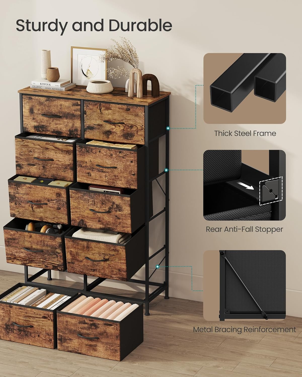 SONGMICS Dresser - 10-Drawer Storage Organizer Unit for Bedroom | Rustic Brown & Ink Black Finish
