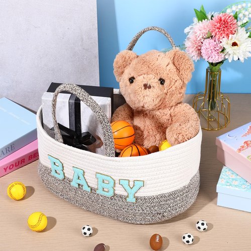 Beeveer Personalized Baby Basket Custom Diaper Caddy Organizer with Bow Portable Cotton Rope Basket Storage for Nursery Baby Shower Christmas Gifts(Blue)