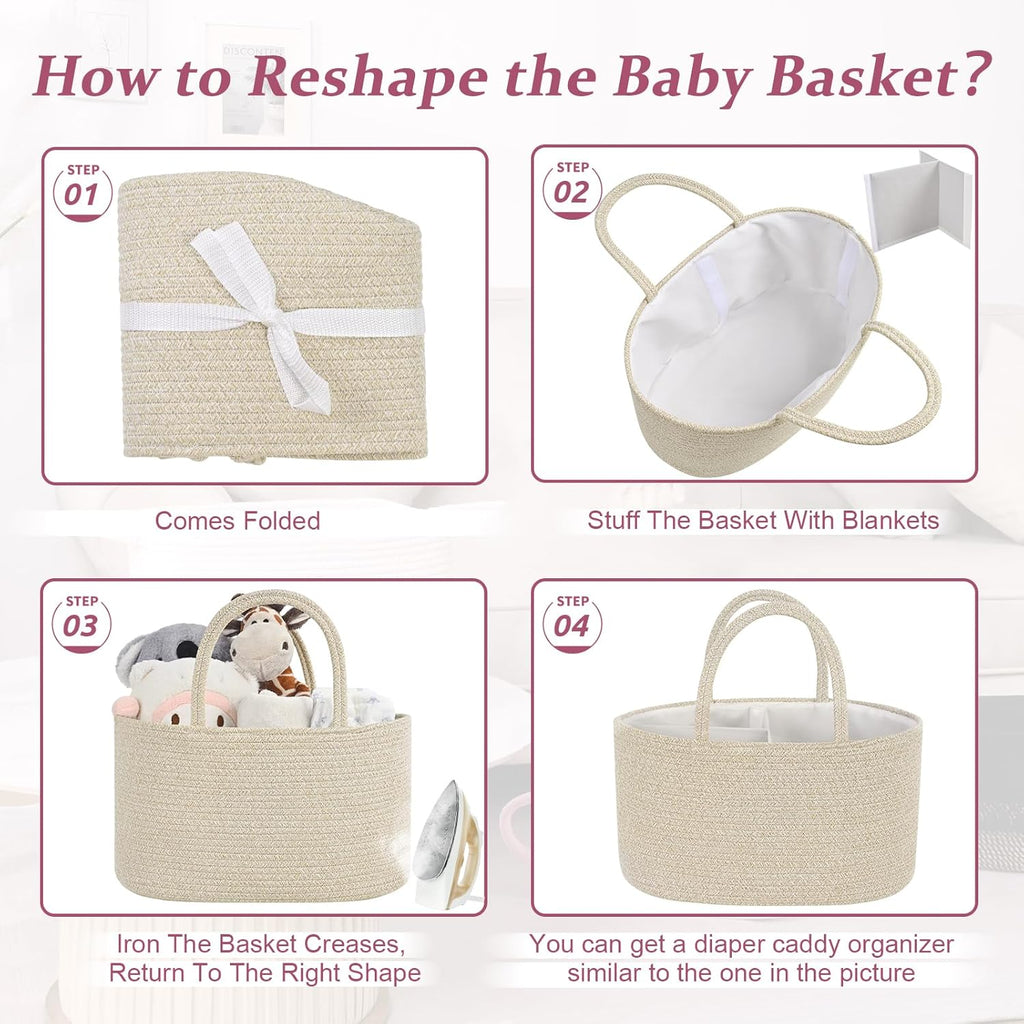 Skiennix Baby Diaper Caddy Organizer - 19L Cotton Rope Storage Basket with Removable Divider | Ideal for Nursery & Car
