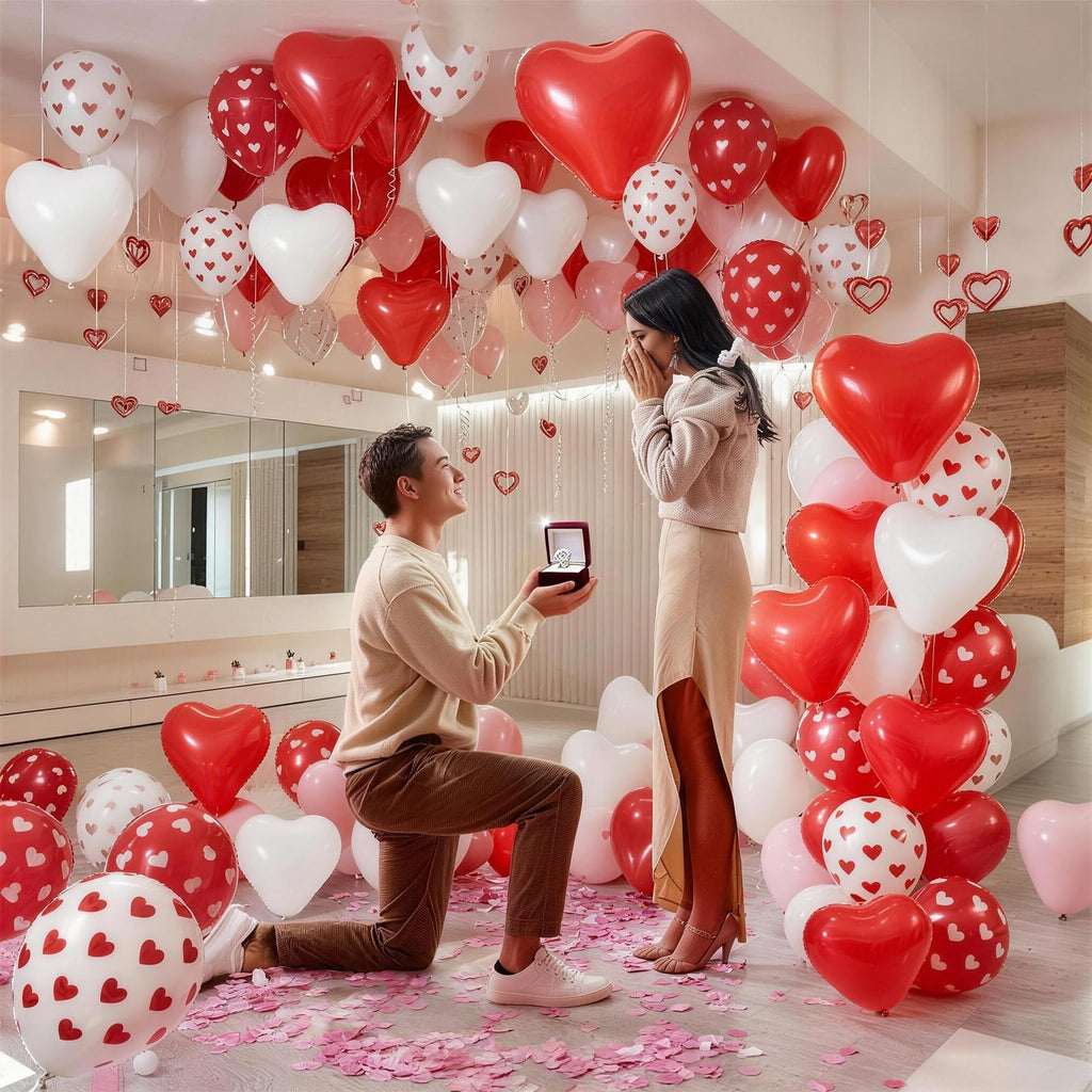 Valentines Day Balloons 60 Pack Red White Heart Shaped Balloons Set Romantic Heart Print Latex Balloon for Sweet Galentines Proposal Engagement Wedding Bridal Shower Mothers Day Party Decorations