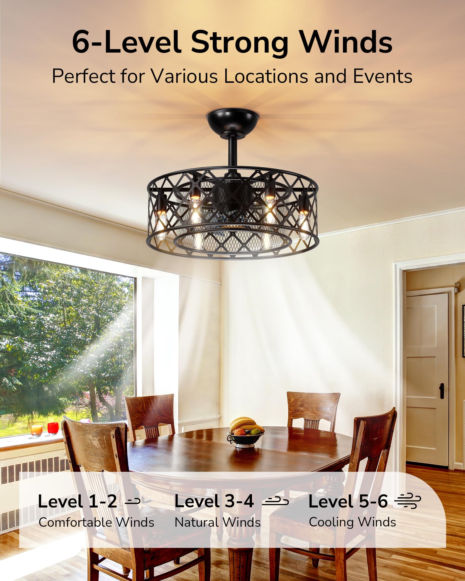 ULG 20” Caged Ceiling Fan with light, Vintage Fandelier Ceiling Fan Light Flush Mount Ceiling Fan with Remote Control, 6-Speed Quiet Wind Reversible for Small Room, Hallway, Bedroom, Porch