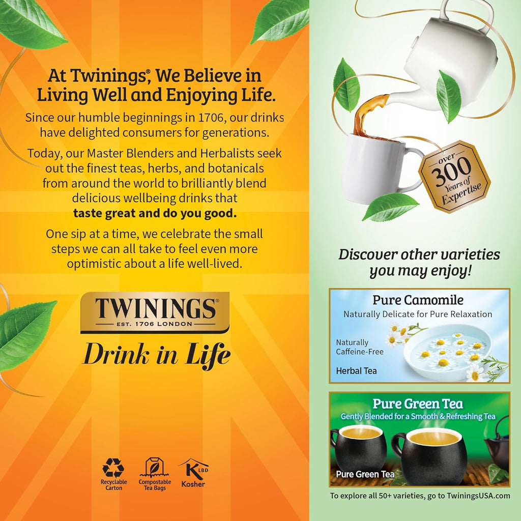 Twinings Pure Peppermint Herbal Tea - Individually Wrapped Bags, 25 Count | Caffeine-Free, Fresh Minty Flavor