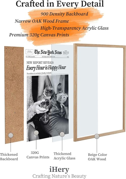 iHery Trendy Newspaper Wall Art - Natural Oak Wood Framed Canvas Decor | 8x10in Retro Prints for Bedroom & Living Room