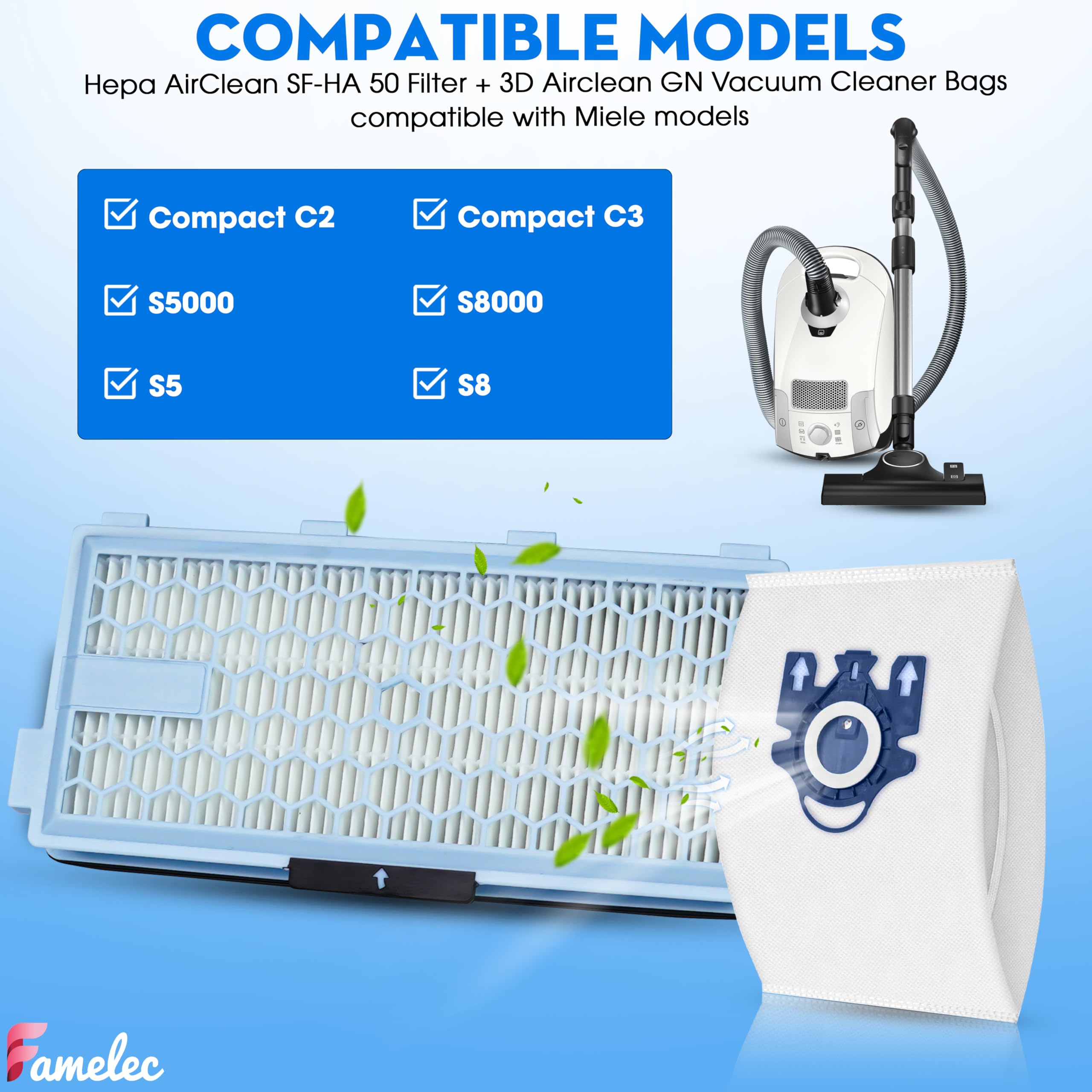 Combo For Miele Vacuum Cleaner Bags GN 8Pcs + 4Pcs Hepa AirClea 50 Filter, 3D Airclean For Miele GN Vacuum Cleaner Bags Model Complete C1, Complete C2, C3 S227 S240 S270 S400 S2 S5 S8 Series