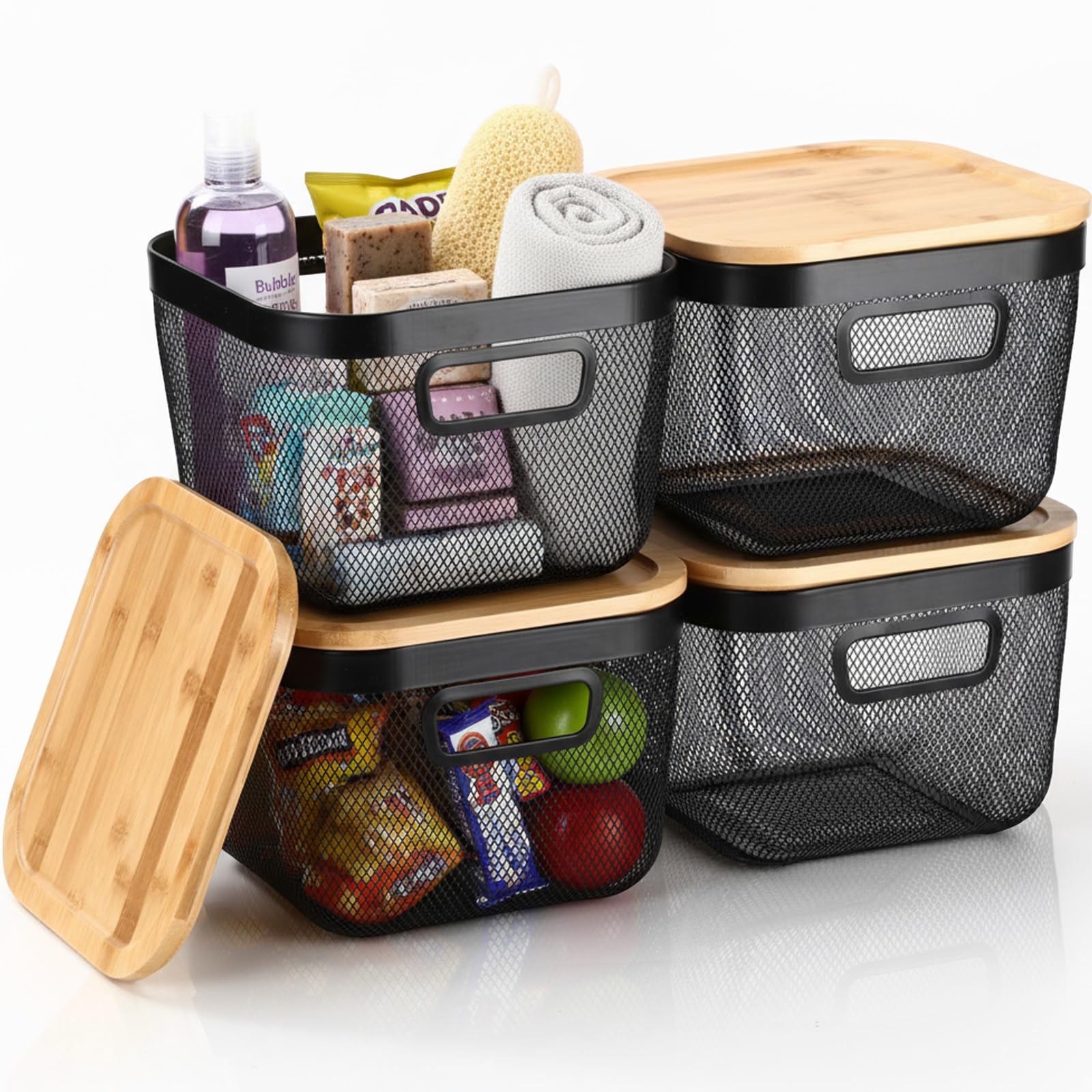 Maxdot 4 Pack Metal Mesh Steel Basket with Bamboo Lids 9.65 x 9.65 x 6.89 Inches Stackable Metal Mesh Basket with Handles Wire Storage Bin for Storage Fruits Pantry Bathroom Kitchen Cabinets Shelves