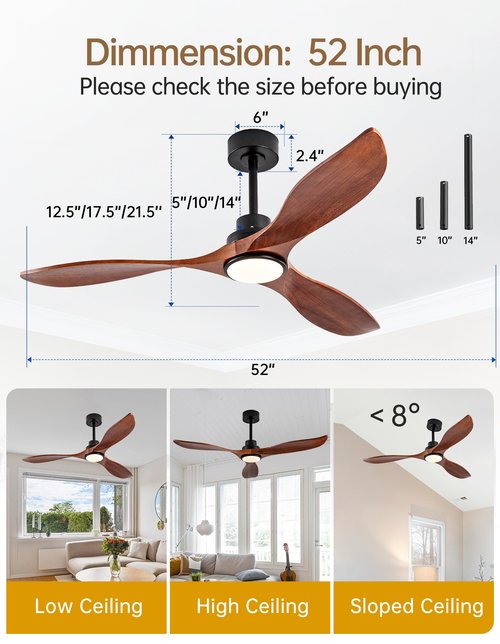 IKTYUW 52 Inch Solid Wood Ceiling Fans with Lights and Remote, 3 Blade Walnut Outdoor Ceiling Fans with Wall Control, Dimmable, 6 Speeds, Quiet DC Motor for Bedroom/Patios/Farmhouse/Living Room
