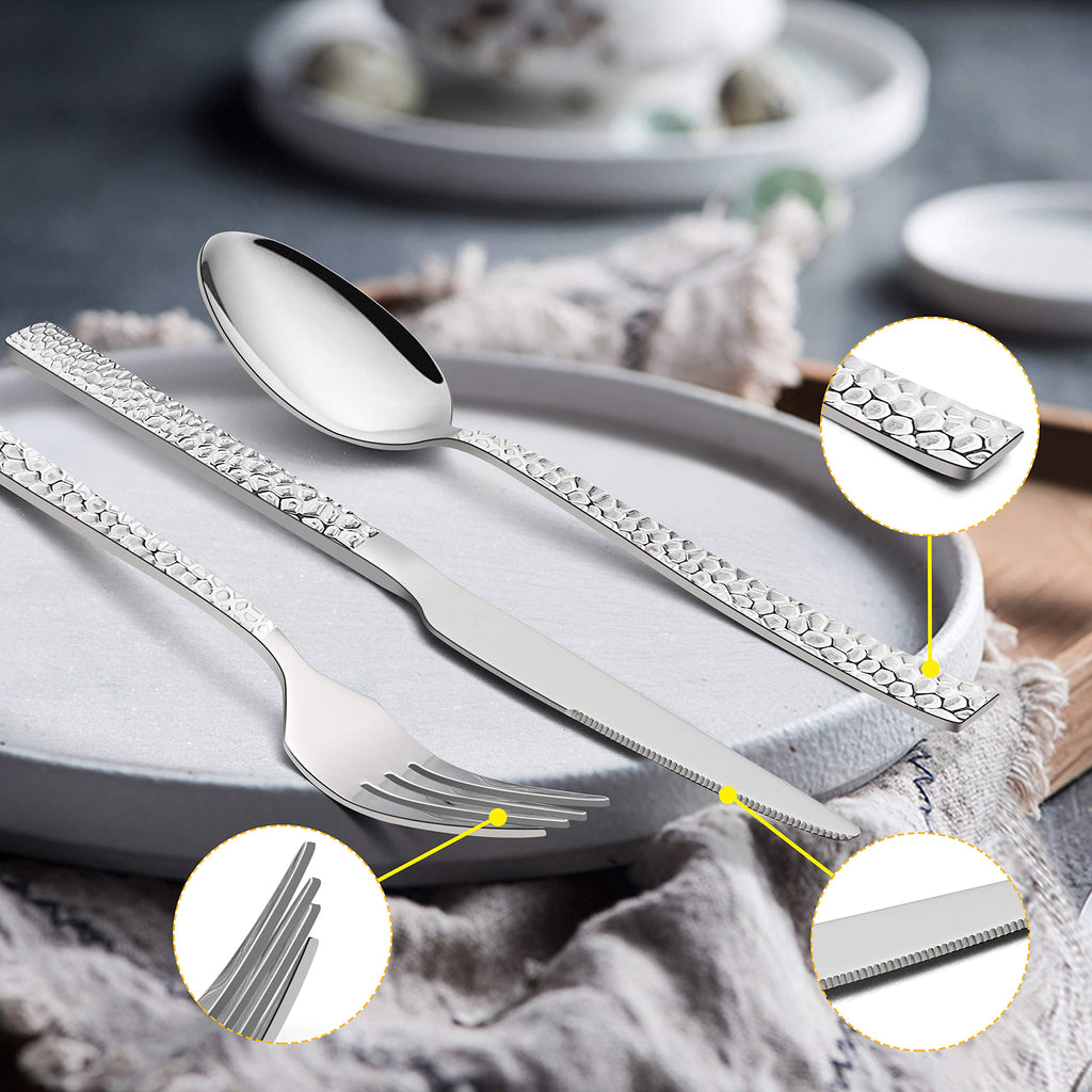 65-Piece Silverware Set with Serving Pieces, E-far Stainless Steel Hammered Flatware Eating Utensils Service for 12, Modern Tableware Cutlery Set with Square Edge, Mirror Polished, Dishwasher Safe