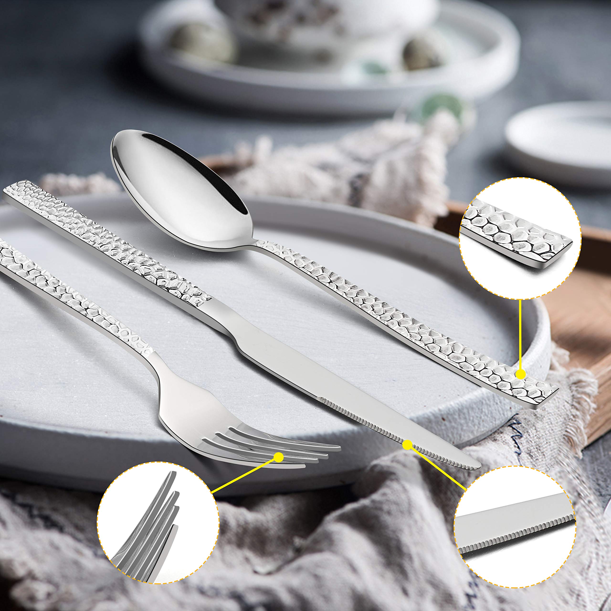 65-Piece Silverware Set with Serving Pieces, E-far Stainless Steel Hammered Flatware Eating Utensils Service for 12, Modern Tableware Cutlery Set with Square Edge, Mirror Polished, Dishwasher Safe