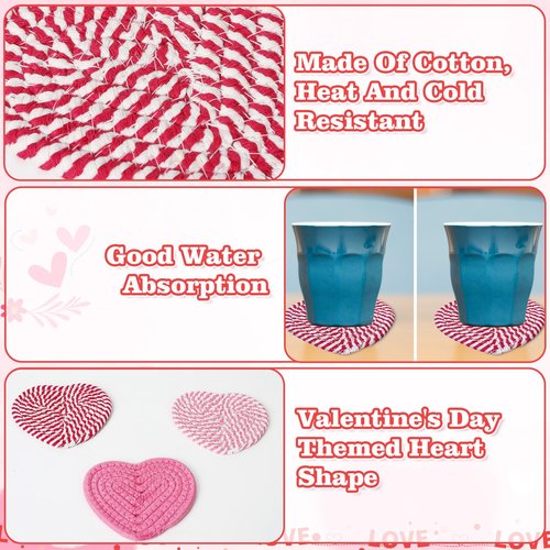 UPINS 6Pcs Valentines Heart Coasters,Handmade Braided Cotton Red Pink White Heart Coasters Valentine’s Day Drink Accessories