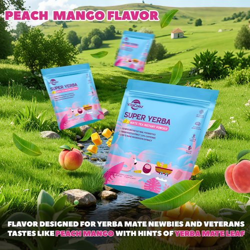 VitaCoeur Yerba Mate Instant Tea Powder with Nootropics, Yerba Mate Tea Supports Energy, Focus and Gut Health-Clean Energy & Boost Brain Fog Buster| Sugar-free Yerba Magic | Peach Mango Flavor-30 Servings