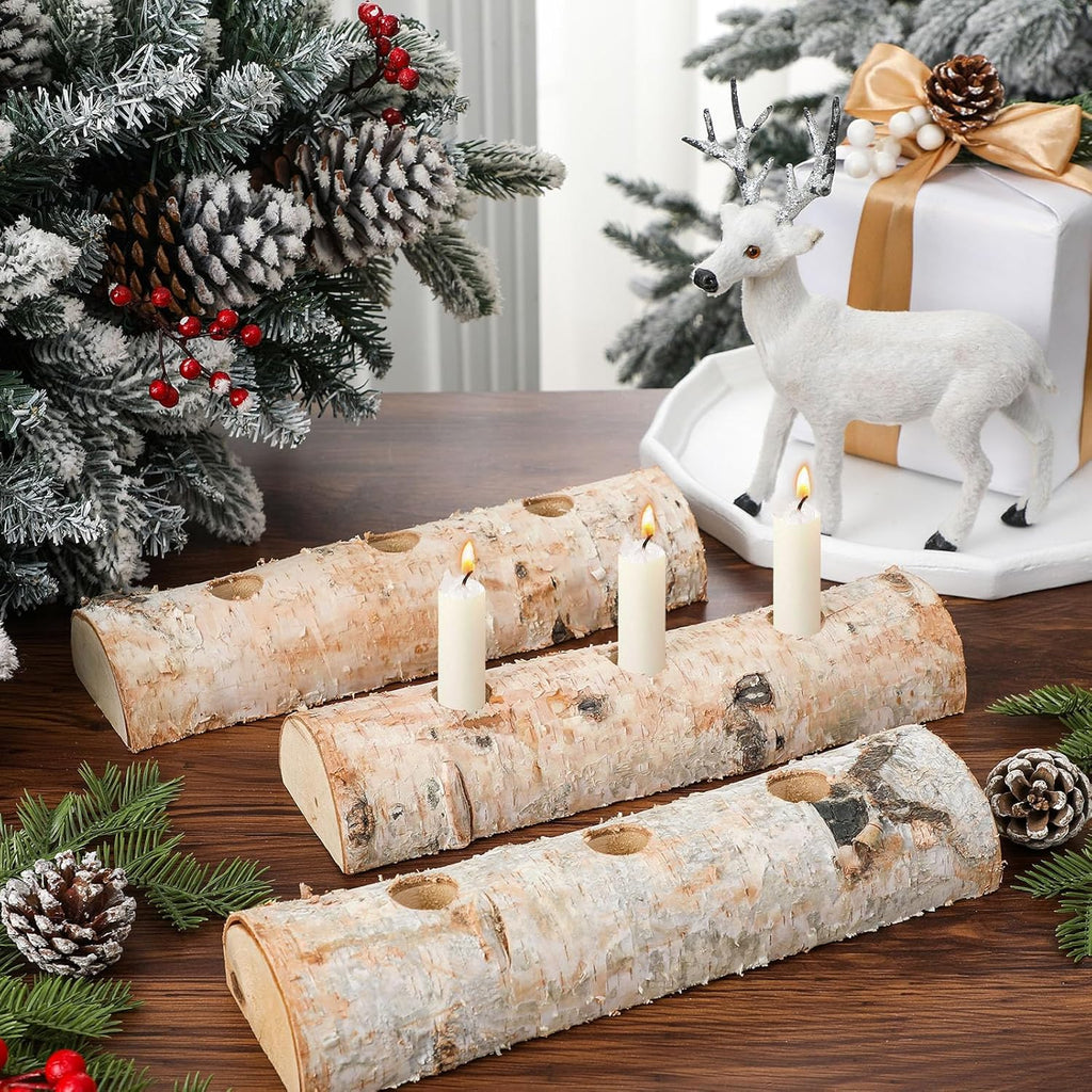 Roowest Birch Wood Taper Candle Holders - 3 Pcs Decorative Set for Christmas Mantel & Table Centerpieces