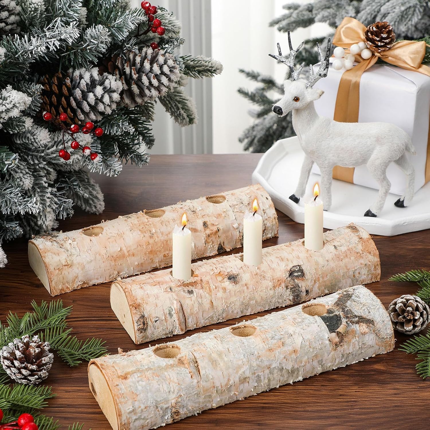 Roowest Birch Wood Taper Candle Holders - 3 Pcs Decorative Set for Christmas Mantel & Table Centerpieces
