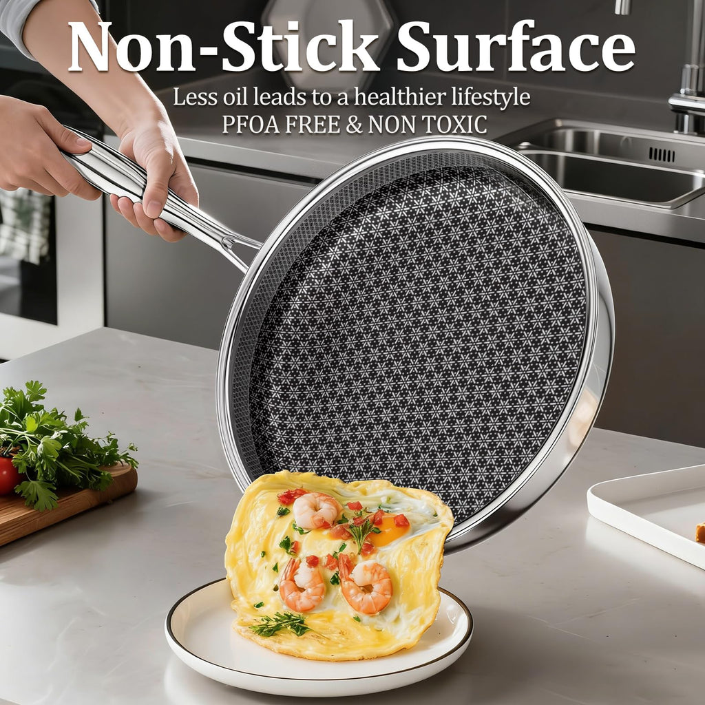 KURRUNGIE Hybrid Non Stick Frying Pans 2 Piece set, Stainless Steel Frying Pans with Tempered Glass Lid, 10" 12" 5 Ply Induction Cookware, Oven-Safe Up to 800°F, Compatible with All Cooktops