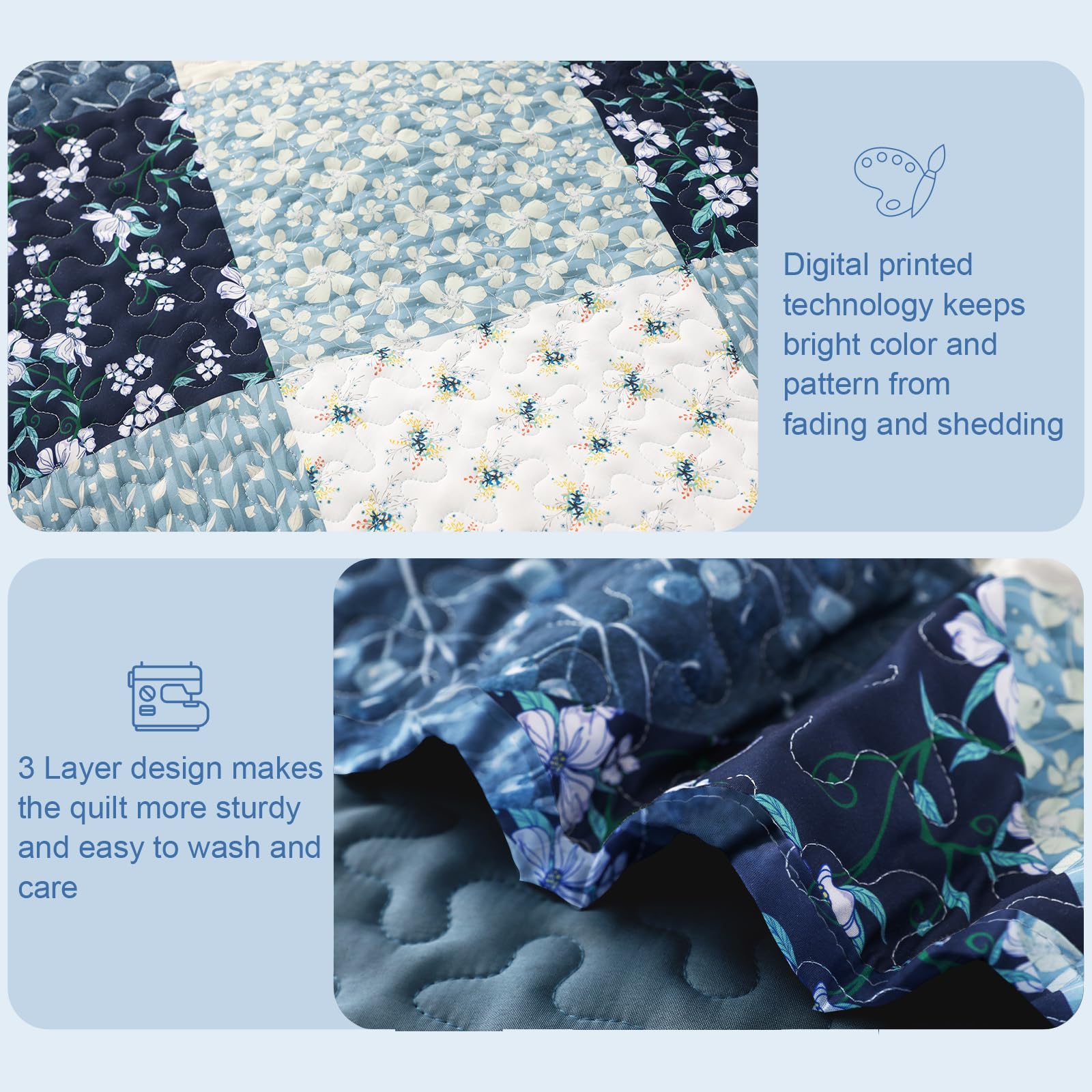 Exclusivo Mezcla Reversible Boho Quilts Twin Size, Blue Bedspreads Lightweight Coverlet All Season Patchwork Quilt Bedding Set with Printed Floral Pattern (1 Quilt, 1 Pillow Sham)
